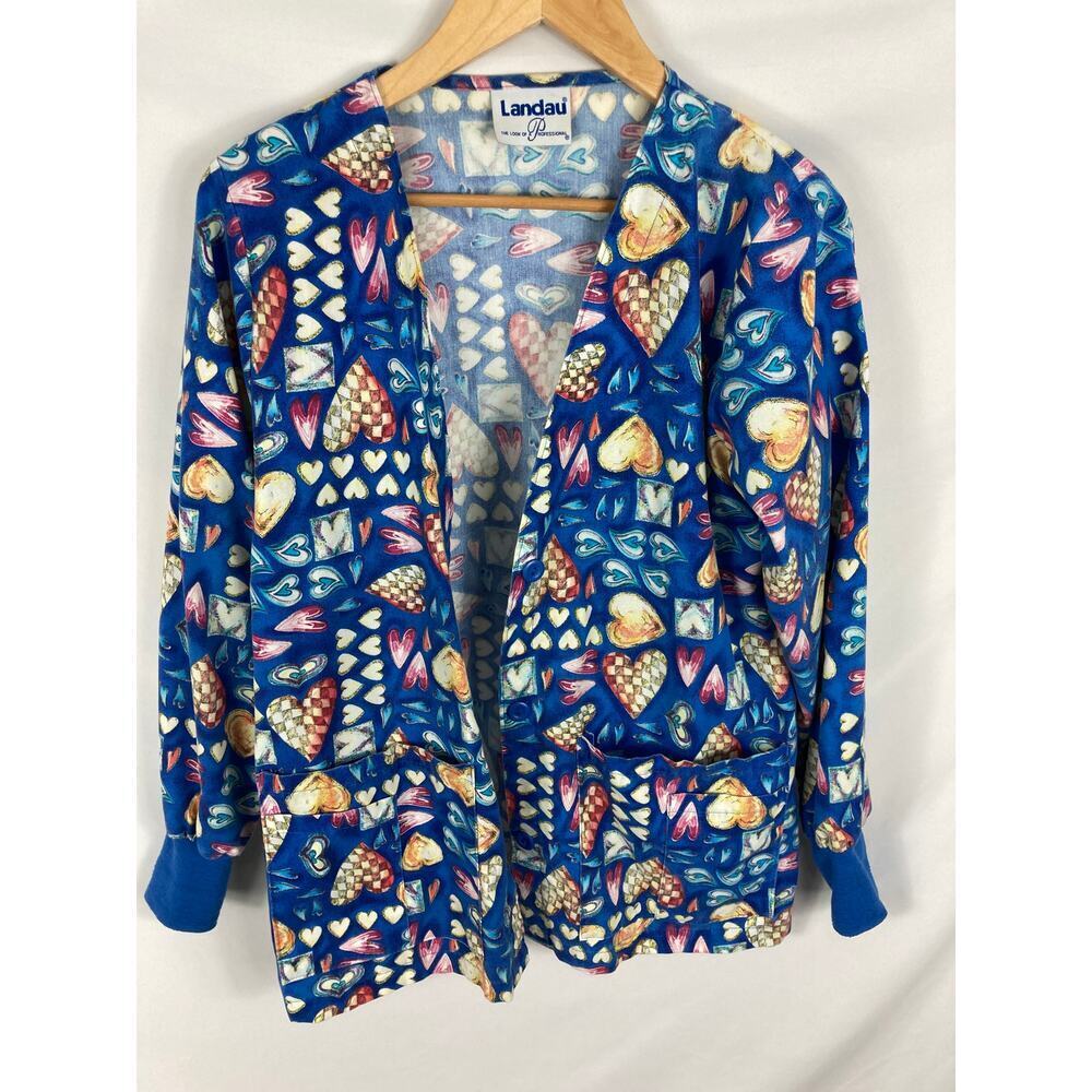Landau Heart Patterned Long Sleeve Scrub Button Up Top Size Small